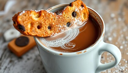 Crunchy biscotti dipped in rich hot chocolate, steaming mug, hot chocolate, dipped