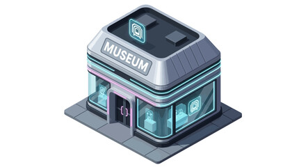 Obraz premium Isometric museum building with glass walls and a sign that says museum.