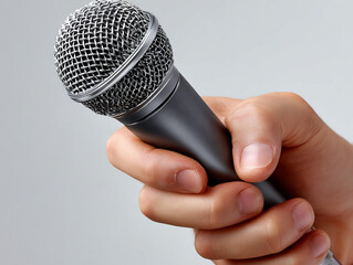 Close-up of a hand holding a dynamic microphone with a metal mesh grille against a neutral gray background, suitable for voice recording, interviews, podcasts or live performance.
