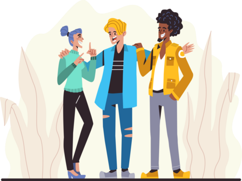 Three diverse friends cheerfully embracing against a light background featuring foliage and soft colors