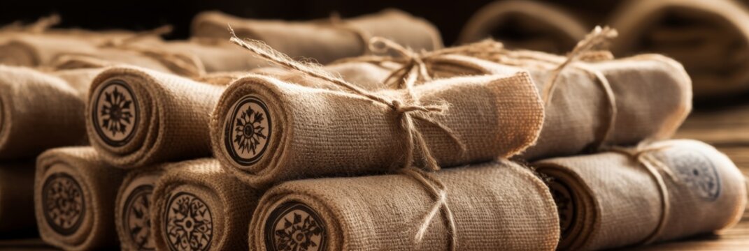 Close up of towels wrapped in jute thread with tags for a rustic and organized display