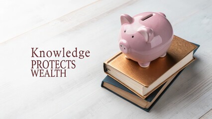 Pink piggy bank sits on stacked books representing financial knowledge
