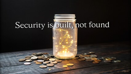 Jar filled with glowing lights sits on coins