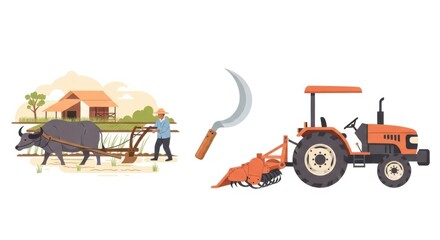 Obraz premium Agricultural Evolution - Traditional Farming and Modern Machinery.