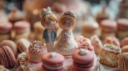 Figurines of the bride and groom on a wedding cake. Close-up of wedding cake topper. Traditional wedding sweets and decorations.