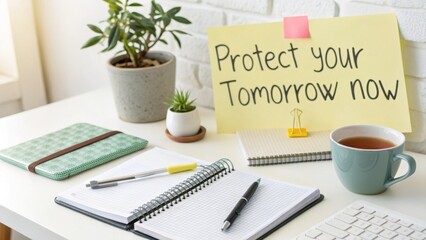 Bright workspace setup with notebooks and a protective message