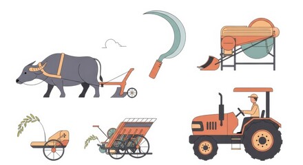 Agricultural Tools and Equipment Collection with Farmer and Buffalo.
