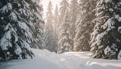 Snowy forest path with tall evergreen trees in winter sunlight