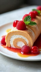 Delicious raspberry roll cake topped with fresh raspberries and sauce on a white plate