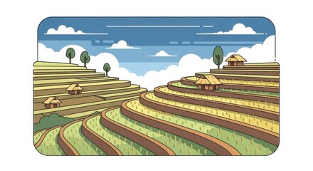 Beautiful Terraced Rice Fields Landscape with Traditional Houses and Lush Greenery Under a Cloudy Sky.