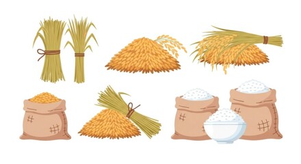 Set of rice and wheat products, including bundles of stalks, piles of grains, and bags of flour.