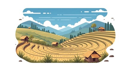 Terraced Rice Fields Landscape with Traditional Huts and Mountains Under a Blue Sky.