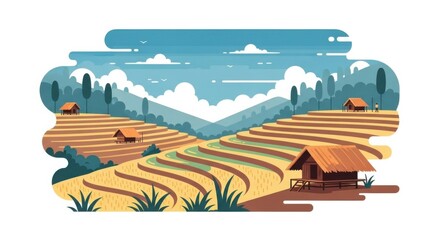 Scenic Terraced Rice Fields with Huts and Mountain Landscape.