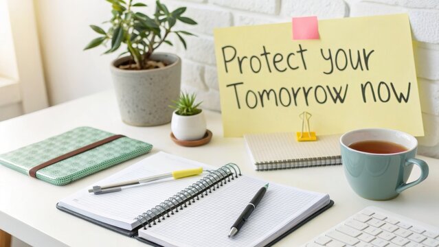Bright workspace setup with notebooks and a protective message