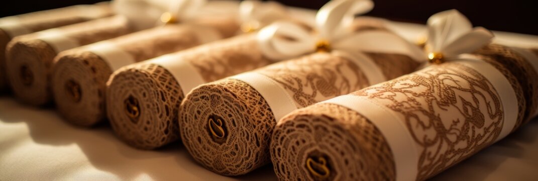 Close up view of neatly rolled towels elegantly wrapped in jute twine and beautifully tagged
