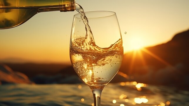 Pouring champagne into a crystal glass at sunset, celebrating the golden hour in minimalism.