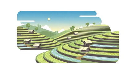 Flat vector illustration of scenic green rice terraces.