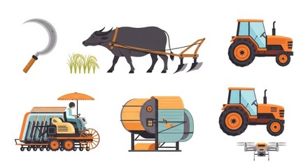 Agricultural Machinery and Farming Tools Collection on White Background.