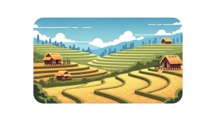 Lush Rice Terraces Landscape with Traditional Houses and Mountain Backdrop.
