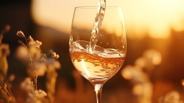 Pouring champagne into a crystal glass at sunset  a minimalist celebration of the golden hour