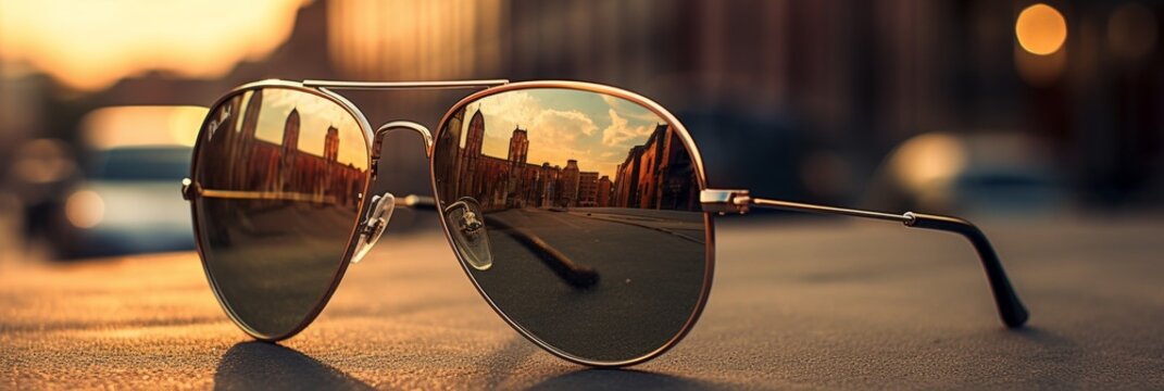 Gold aviator sunglasses mirroring city skyline at sunset, capturing urban beauty and glow