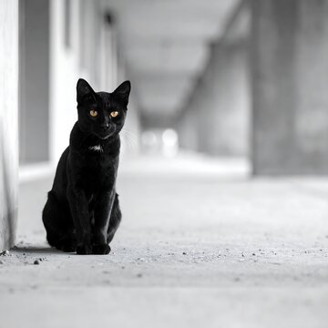 Fototapeta Black cat sits in a gray corridor