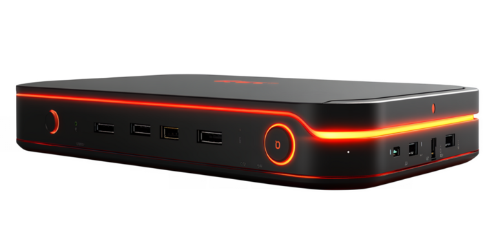 Sleek black electronic device featuring vibrant red LED illumination on a dark background Multiple USB ports are visible
