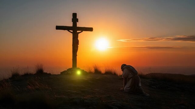 Jesus Christ on cross against sunset sky, silhouetted figure in prayer. Jesus embodies hope, faith, and salvation. Worship and spirituality depicted with Jesus Christ's crucifixion,
