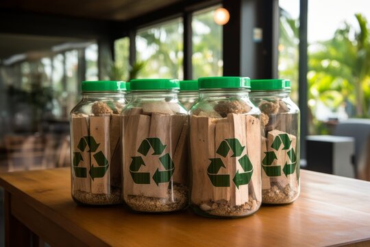 Eco friendly cork jar featuring green recycling symbol on rustic wooden table surface