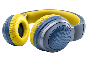 Modern Over Ear Headphones Featuring Vibrant Yellow Padding And Blue Textured Ear Cups Isolated On A Transparent Background