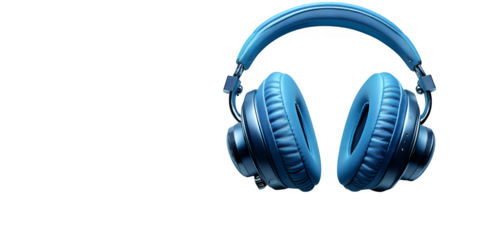 Close up of a modern blue over ear wireless headphone set with soft earcups isolated on a dark background