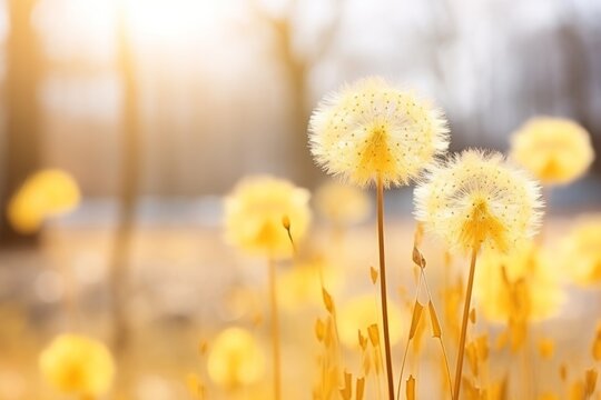 Close up of a bright yellow dandelion blossom against a soft, blurred background in minimalist style