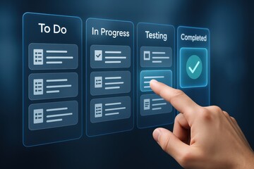 Hand Interacting with Digital Task Management Interface for Project Workflow Visuals