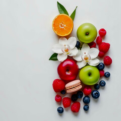 Artistic Composition of Fresh Fruits and Flowers on White Background