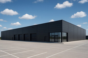 Logistics center, warehouse or large retail store under a blue sky.