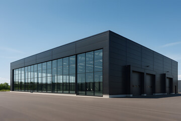 Fototapeta premium Logistics center, warehouse or large retail store under a blue sky.