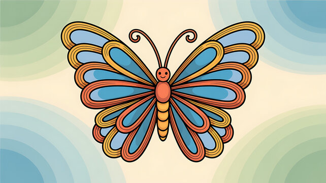 Stylized Butterfly Illustration with Blue, Orange and Yellow Wings on a Soft Gradient Background, Cartoon Insect with a Smiling Face, Nature