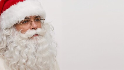 Santa Claus in a festive outfit with a white beard and glasses