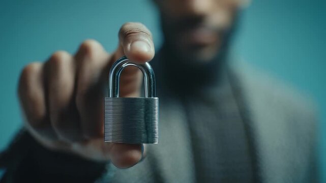 Bearded man holding a steel padlock toward the camera, symbolizing security and privacy.