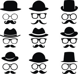 Mustache and Glasses with hat icon set. vector Illustration 