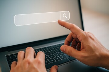 Close-Up of Hands Typing on Laptop with Search Bar Displayed on Screen for Online Query