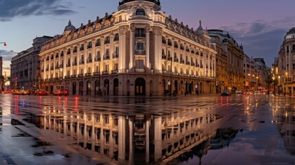 Naklejka premium Vibrant urban street scene captured after rainfall showcasing reflections and lively atmosphere