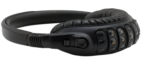 Sleek black over ear headset featuring a comfortable padded headband and an array of control buttons
