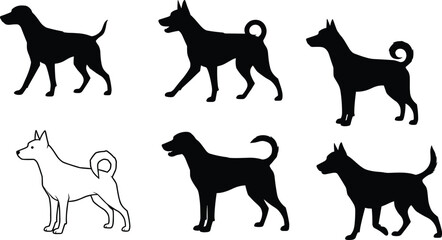 Silhouettes of different dogs in standing and walking poses with tail variations isolated on white background vector illustration design for pets