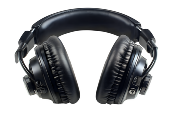 Front view of black professional studio headphones featuring large padded earcups against a dark background