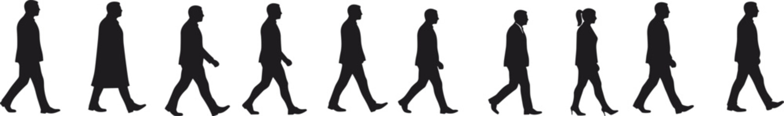 Walking people silhouettes, human motion sequence, black figures on white background, pedestrian movement, walking cycle illustration, vector design, lifestyle concept art