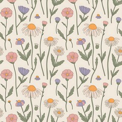 Fototapeta premium Wildflower Seamless Digital Pattern – Rustic Botanical Paper with Hand-Drawn Flowers, Leaves, and Nature Background for Scrapbooking & Crafts