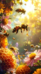 Honeybees Busy in Flowers.