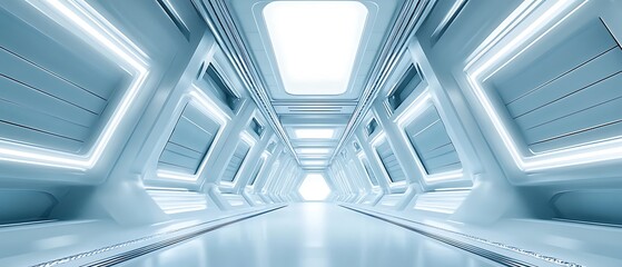 Obraz premium Futuristic spaceship corridor with bright blue lights sci fi interior digital art high resolution photo