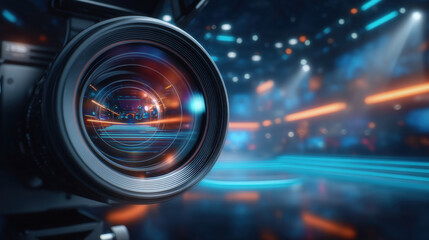Ultra realistic cinematic extreme close up of camera lens, showcasing intricate details and reflections, set against vibrant studio background. atmosphere is dynamic and engaging
